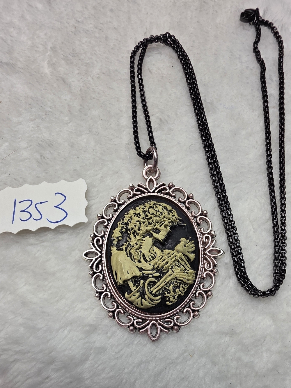 Victorian Skeleton Cameo Pendant Necklace in Black and Gold